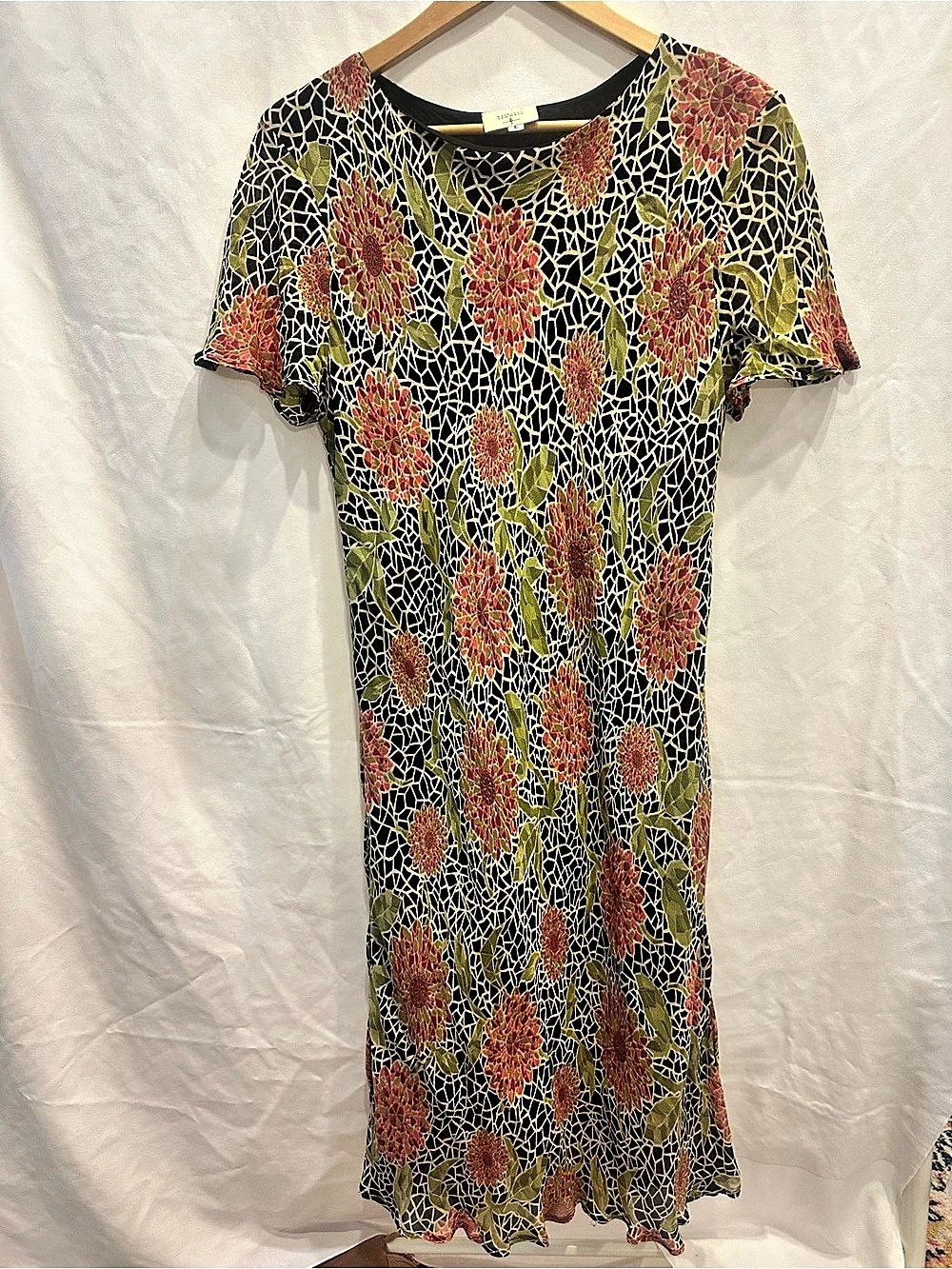 Kathleen Sommers Stained Glass Floral Maxi Dress in Black & Red Size Large, vint